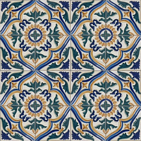 Mosaic House Moroccan tile HPC Paloma 1-15-3-24-16 White,   Midnight Blue,   Cobalt Blue,   Gold, ochre  Sea Green,    solid hand painted 